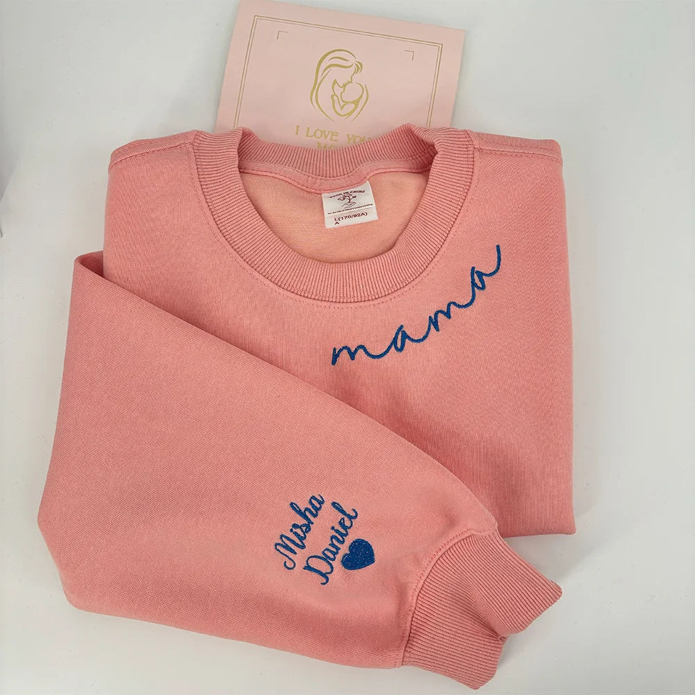 Custom Mama Embroidered Sweatshirt with Kids Names on the sleeve