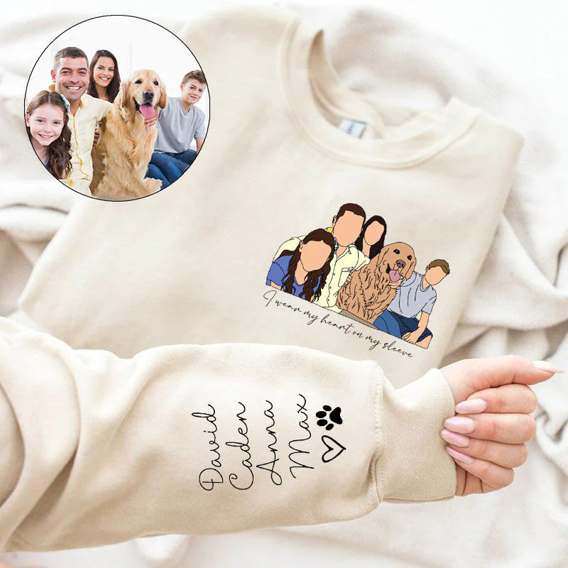 Personalized Hoodie Family Portrait with Custom Names On The Sleeve Perfect Gift for Family