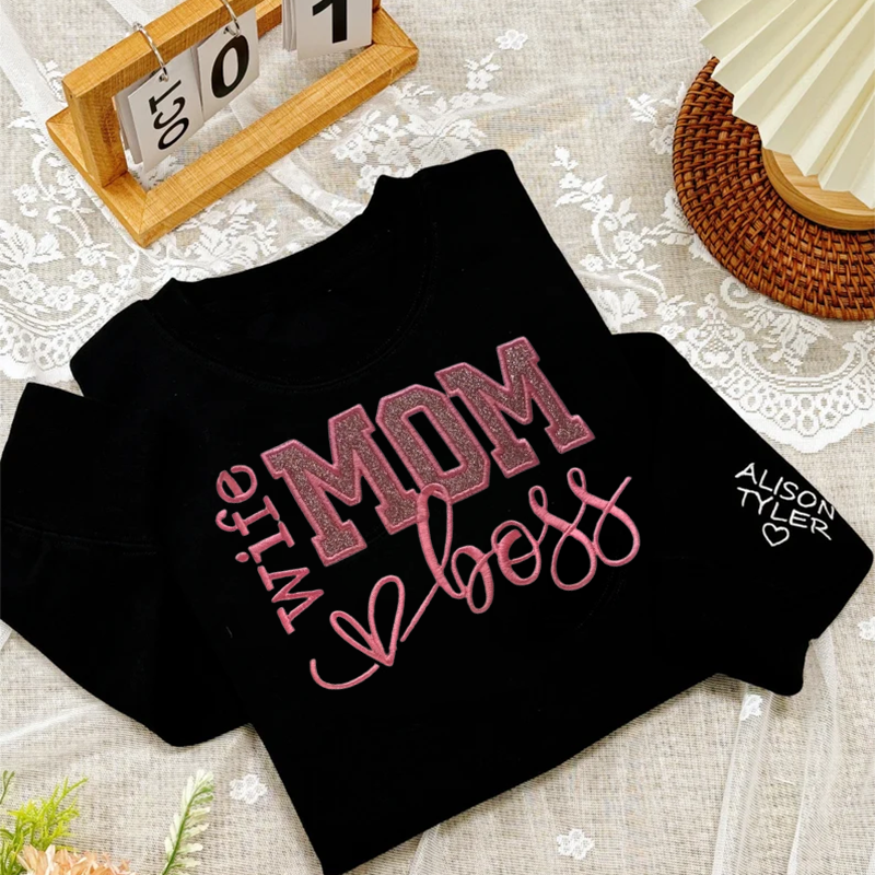 Custom Mom Wife & Boss Glitter Applique Embroidered Sweatshirt