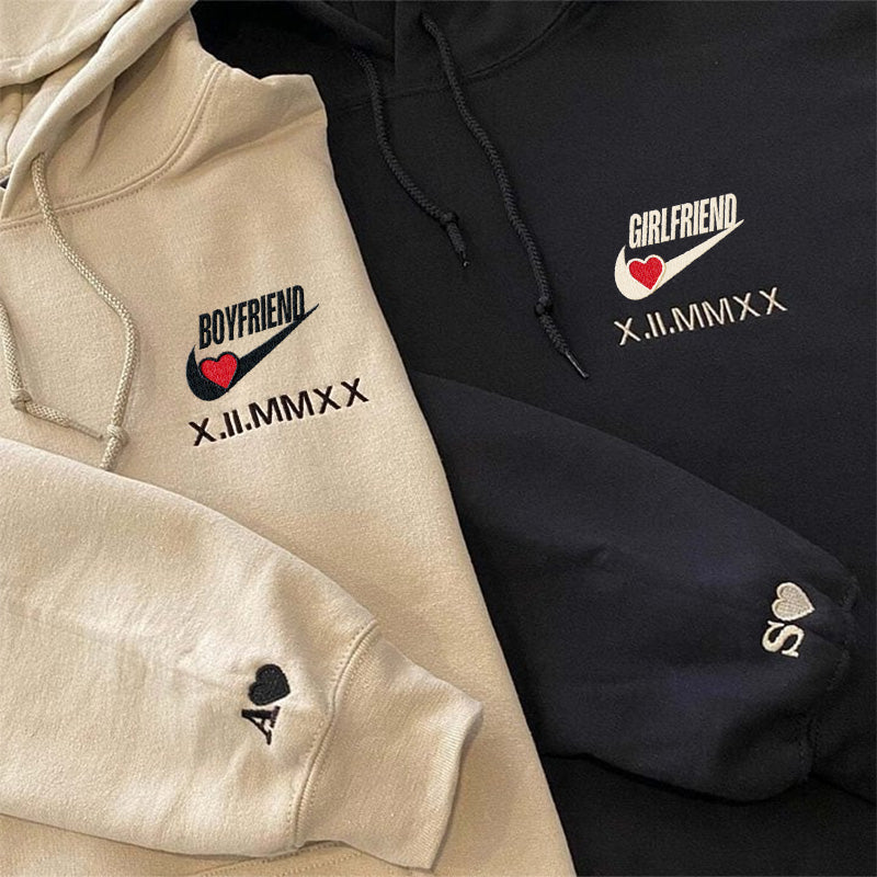 Loversdovey Boyfriend & Girlfriend Hoodies Roman Numeral Embroidered Sweatshirt