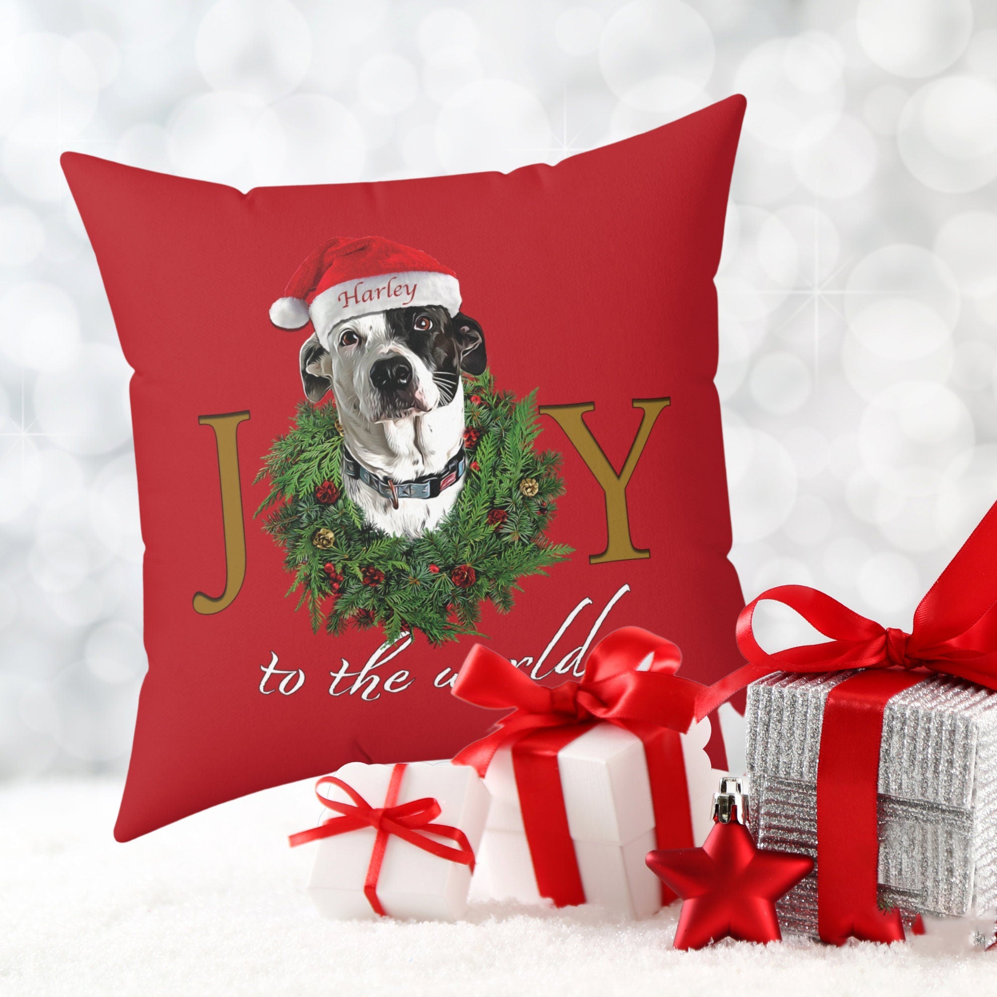 Custom Personalized Dog Christmas Pillow, Custom Joy to the World Dog Pillow, Christmas Pet Gift