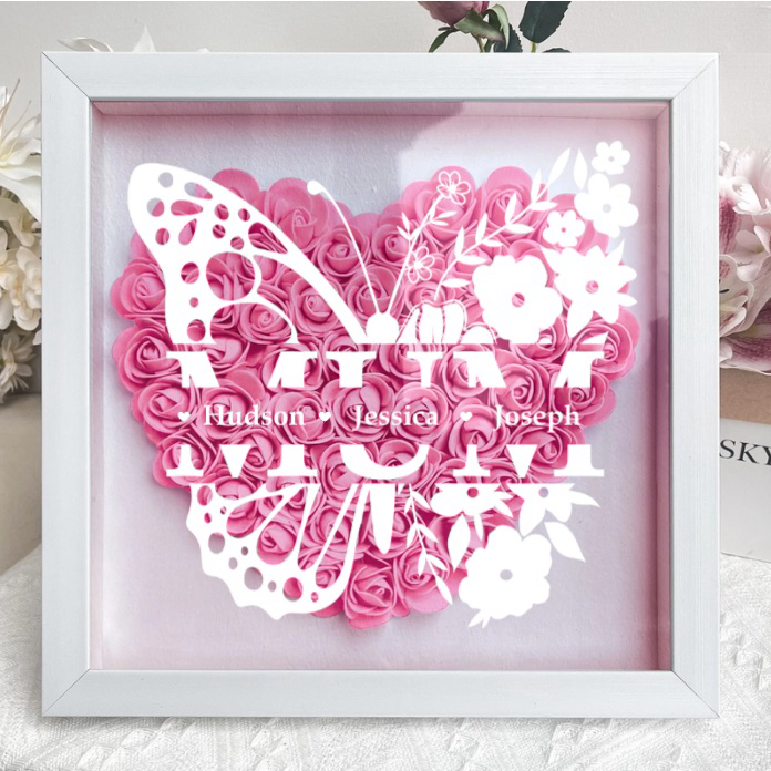 Personalized Butterfly Version Flower Shadow Box - Gift For Mom Custom Children Names