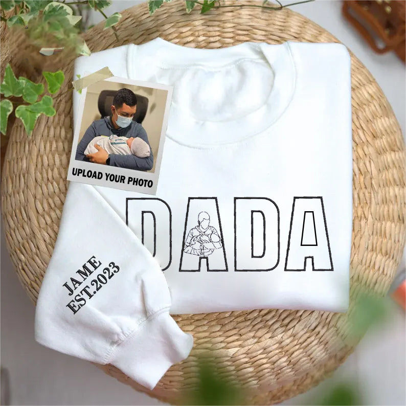 Custom Dada Portrait Embroidered Sweatshirt with Kids' Names on Sleeve – Father's Day Gift
