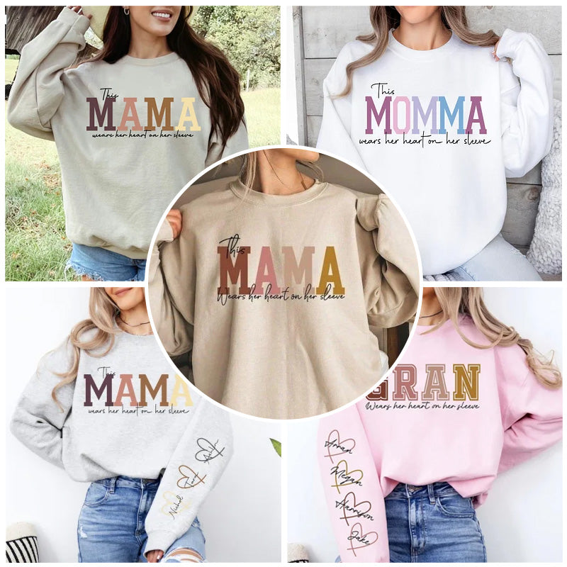 š„For Momš„Personalized MAMA Wears Her Heart On Her Sleeve Sweatshirt(Buy 2 Free Shipping)