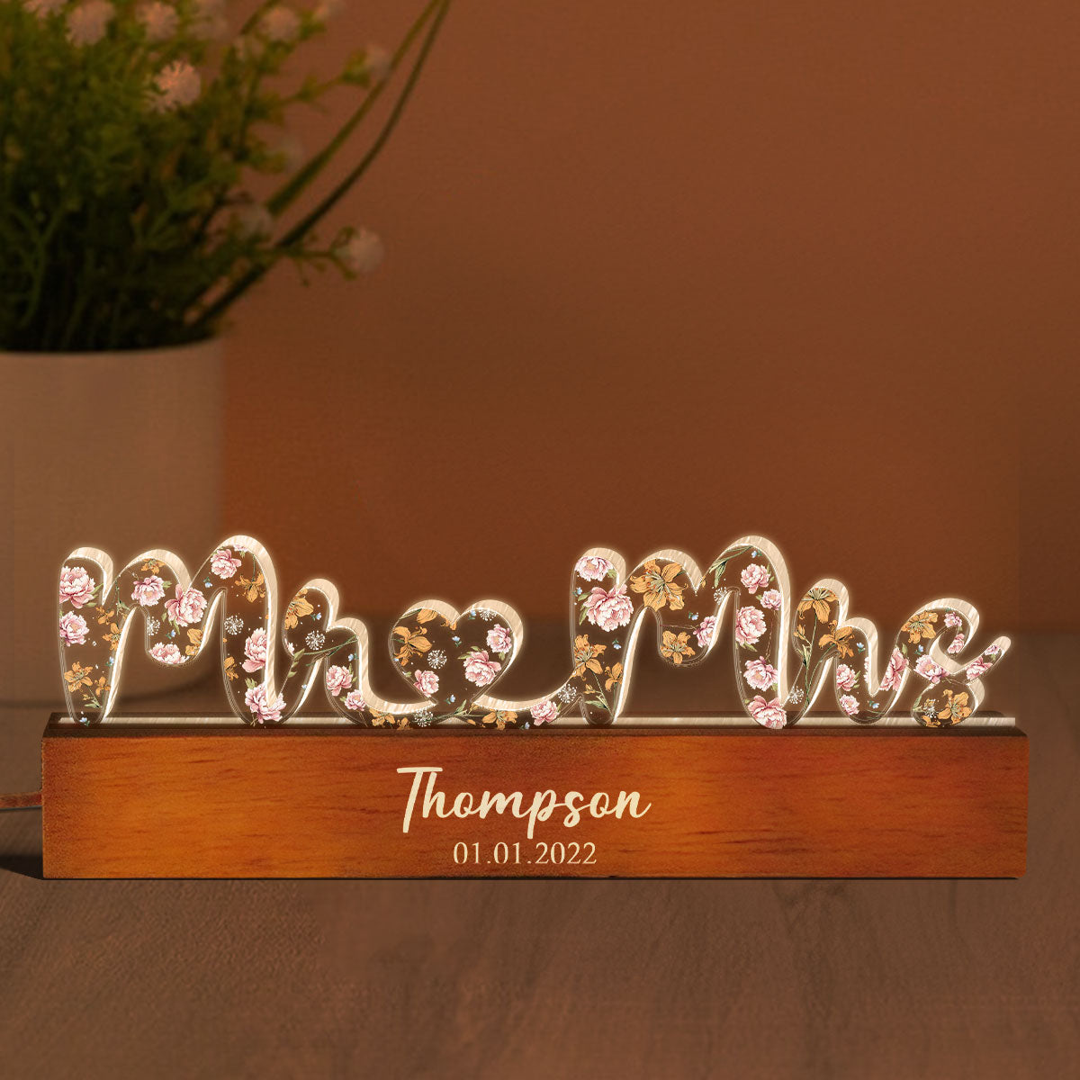 Mr & Mrs Wedding Anniversary Valentine's Day Gift for her & for him, Custom Flower Printed LED Night Light