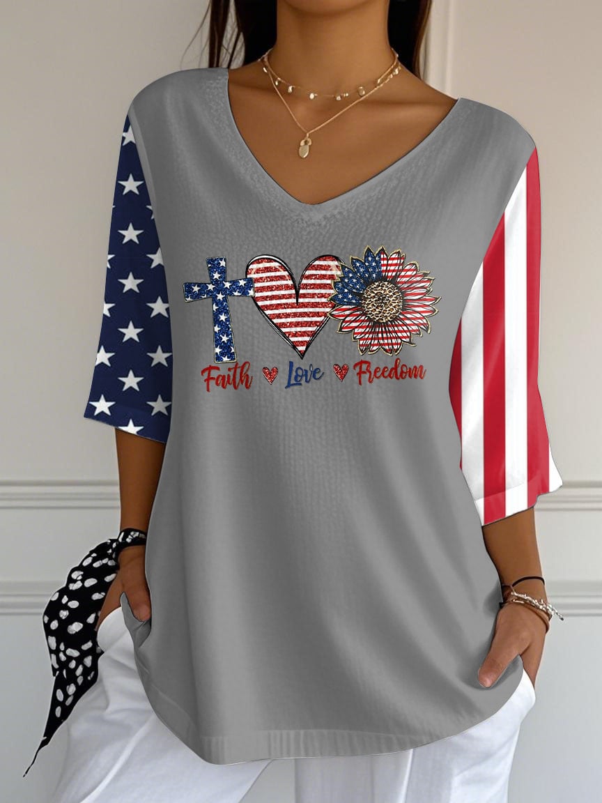 Women's Independence Day Faith Love Freedom Printed T-Shirt