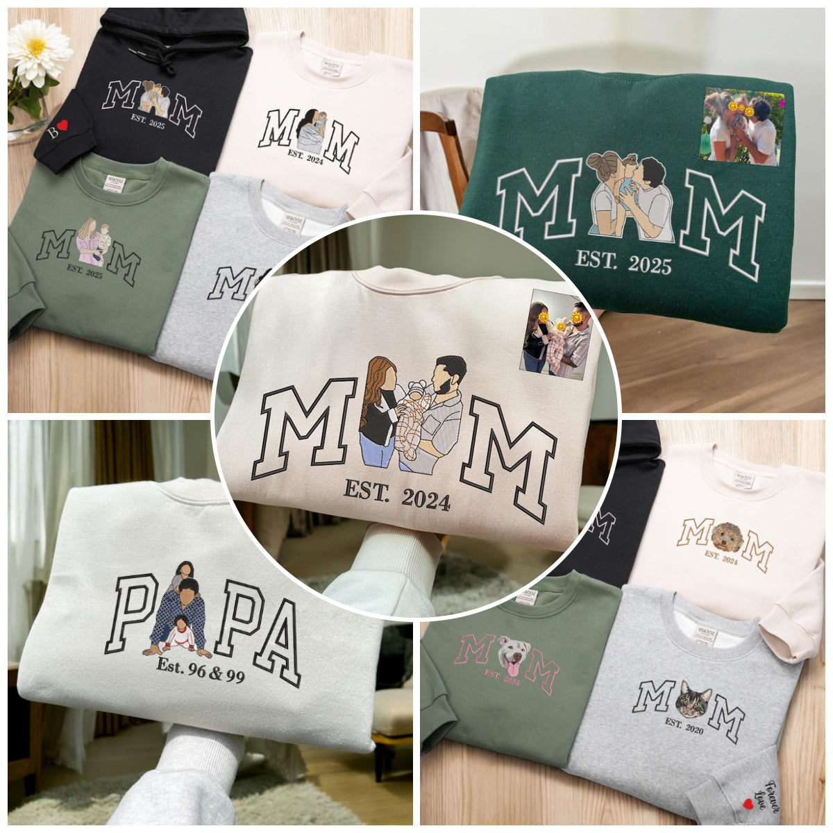 Mama Sweatshirt with Photo, Custom Embroidered Hoodie Mama and Kids Portrait, Varsity Shirt