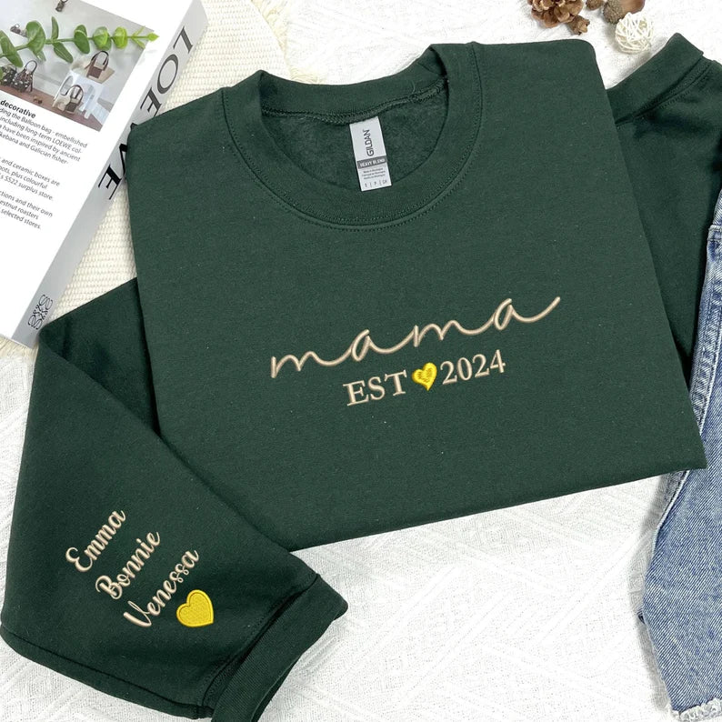 Custom Embroidered Mama Sweatshirt with Kid Names - Personalized Mom Hoodie With Names - New Mama Outfit - Pregnancy Announcement Clothing
