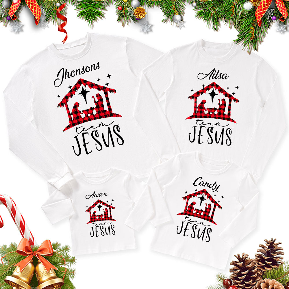 Personalized Buffalo Plaid Nativity Christmas Family Matching Long Sleeve T-Shirt