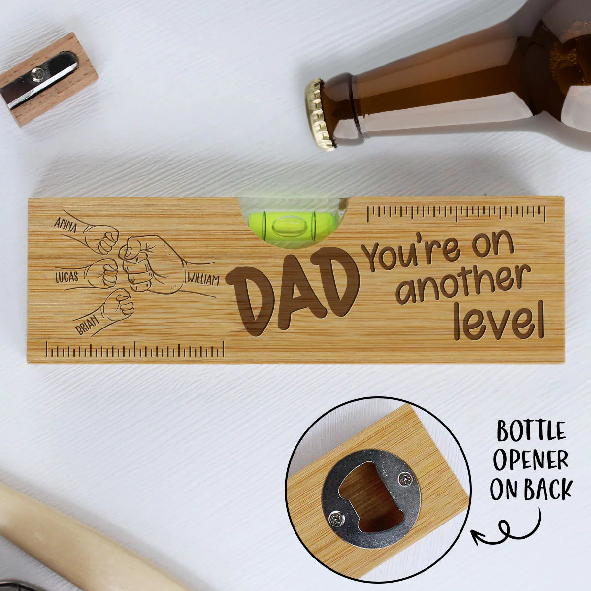 Dad Fist Bump - Personalized Custom Engraved Wooden Spirit Level Bottle Opener