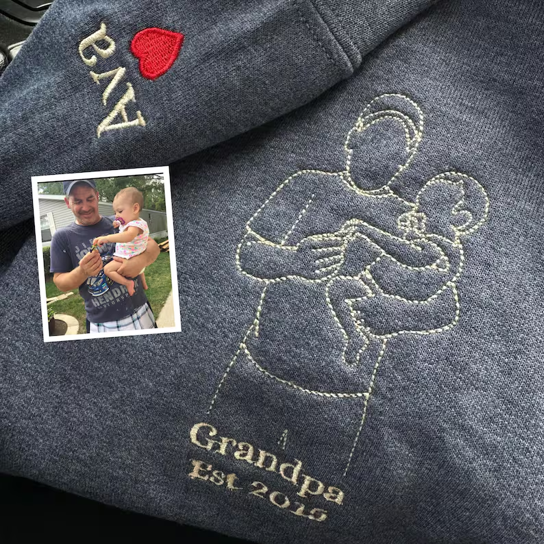 Custom Dad Photo Outline Embroidered Sweatshirt - Personalized Dad and Me Photo Portrait Sweatshirt - Gift for Dad