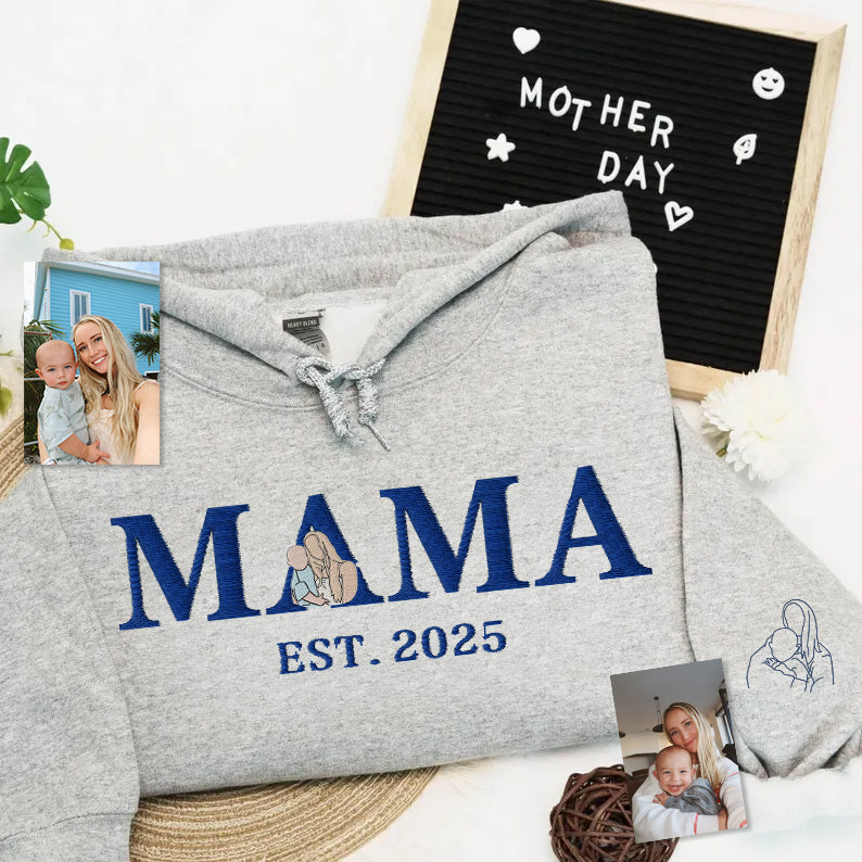 Custom Mama & Me Embroidered Sweatshirt – Personalized Family Portrait with Year & Sleeve Design for Mother’s Day