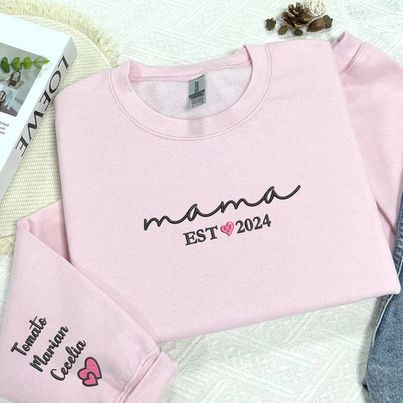 Custom Embroidered Mama Sweatshirt with Kid Names - Personalized Mom Hoodie With Names - New Mama Outfit - Pregnancy Announcement Clothing