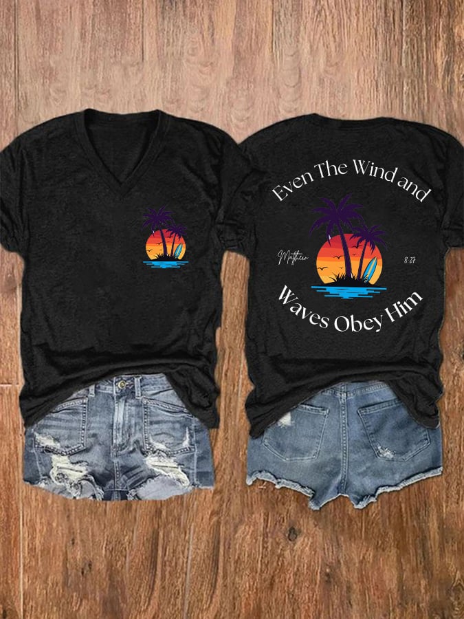 Women's Casual Western Christian Faith Bible Verse Double-Sided Printed V-Neck Short Sleeve T-Shirt