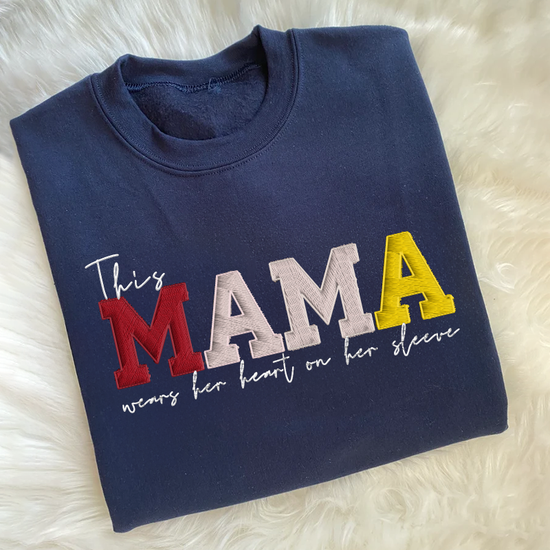 Mom Wears Her Heart on Her Sleeves Custom Embroidered Sweatshirt Gift for Mama