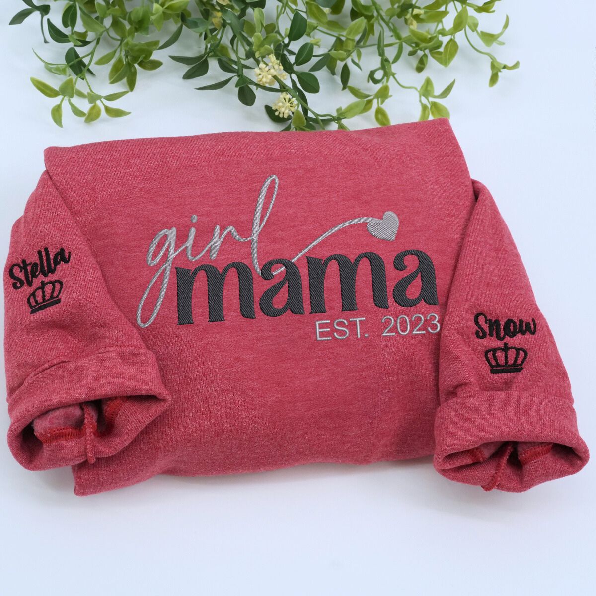 Girl Mama Sweatshirt or Hoodie with Kid Names on Sleeve - Embroidered Gift for Girl Mama