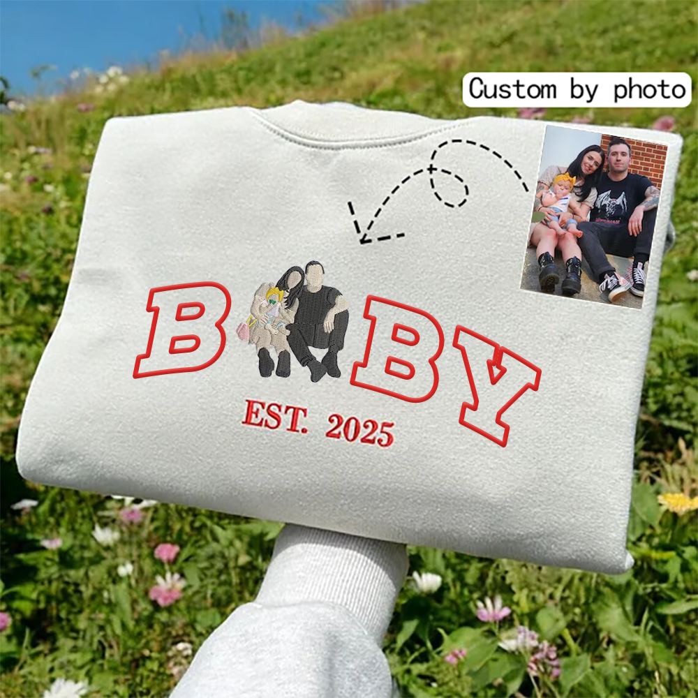 Custom Baby Embroidered Family Portrait Sweater, Personalised Photo & EST Year Sweatshirt, Gifts for Family