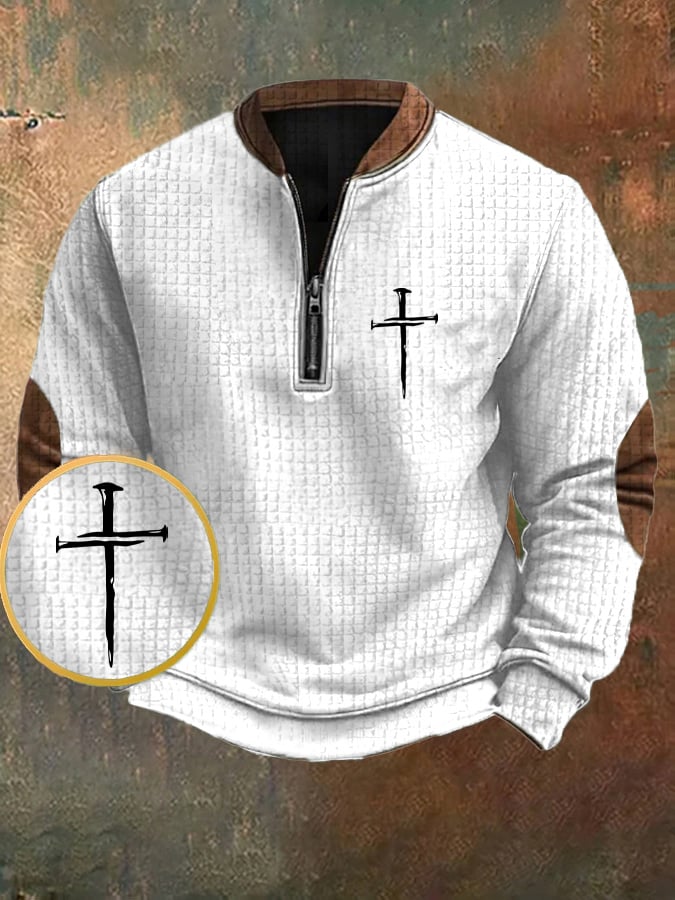 Men's Vintage Faith Cross Design Printed Zipper Collar Square Jacquard Sweatshirt