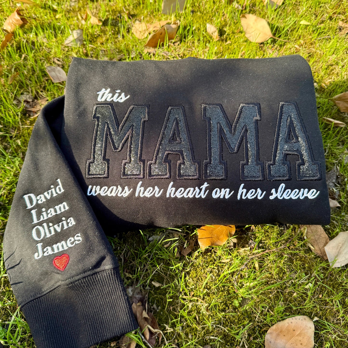 Mom Wears Her Heart on Her Sleeves Custom Embroidered T-Shirt Crew Neck Hooded Sweatshirt Gift for Mom