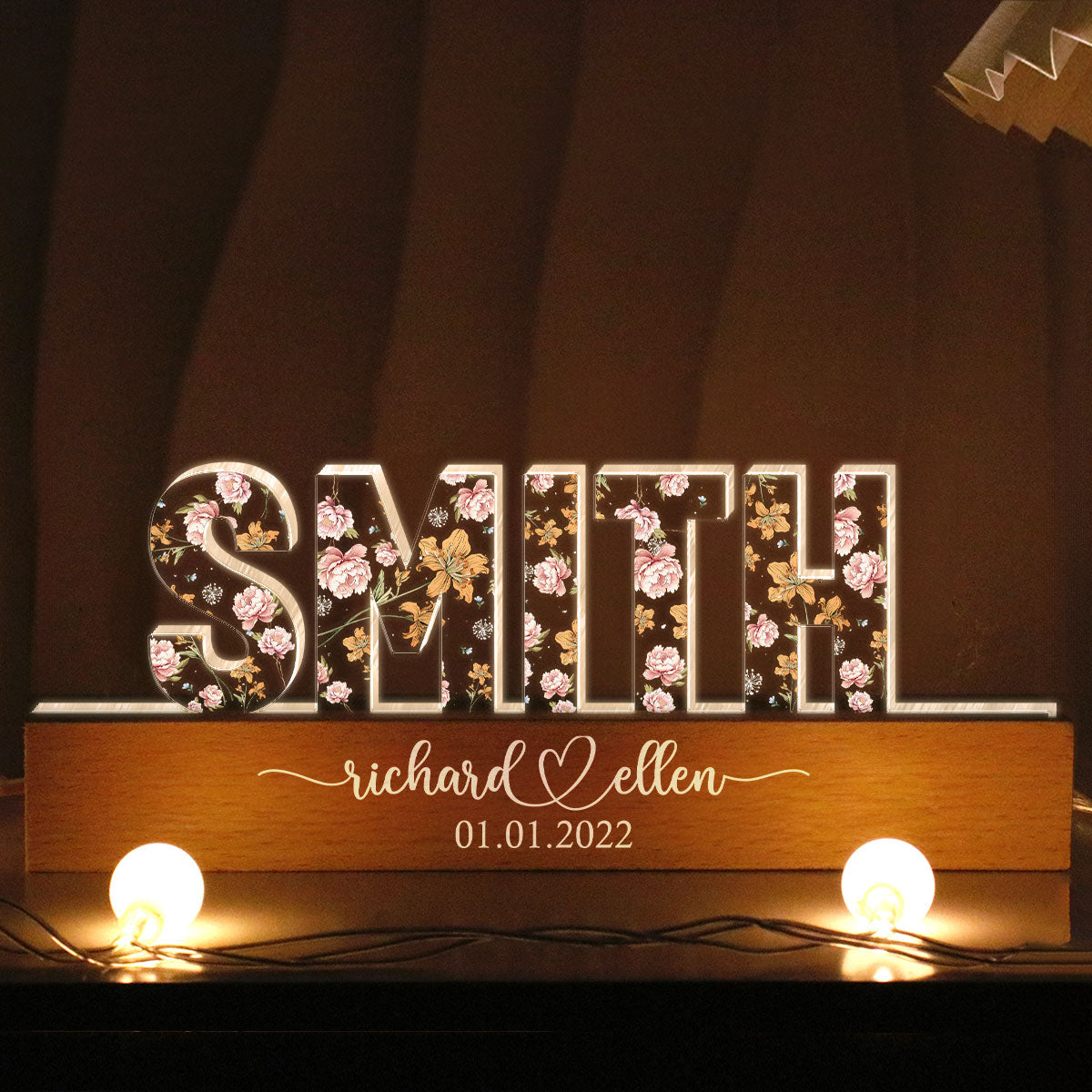 Mr & Mrs Family Name Wedding Anniversary Valentine's Day Gift for her & for him, Custom Flower Printed LED Night Light