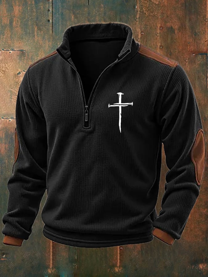 Men's Classic Faith Cross Print Zipper Stand Collar Sweatshirt