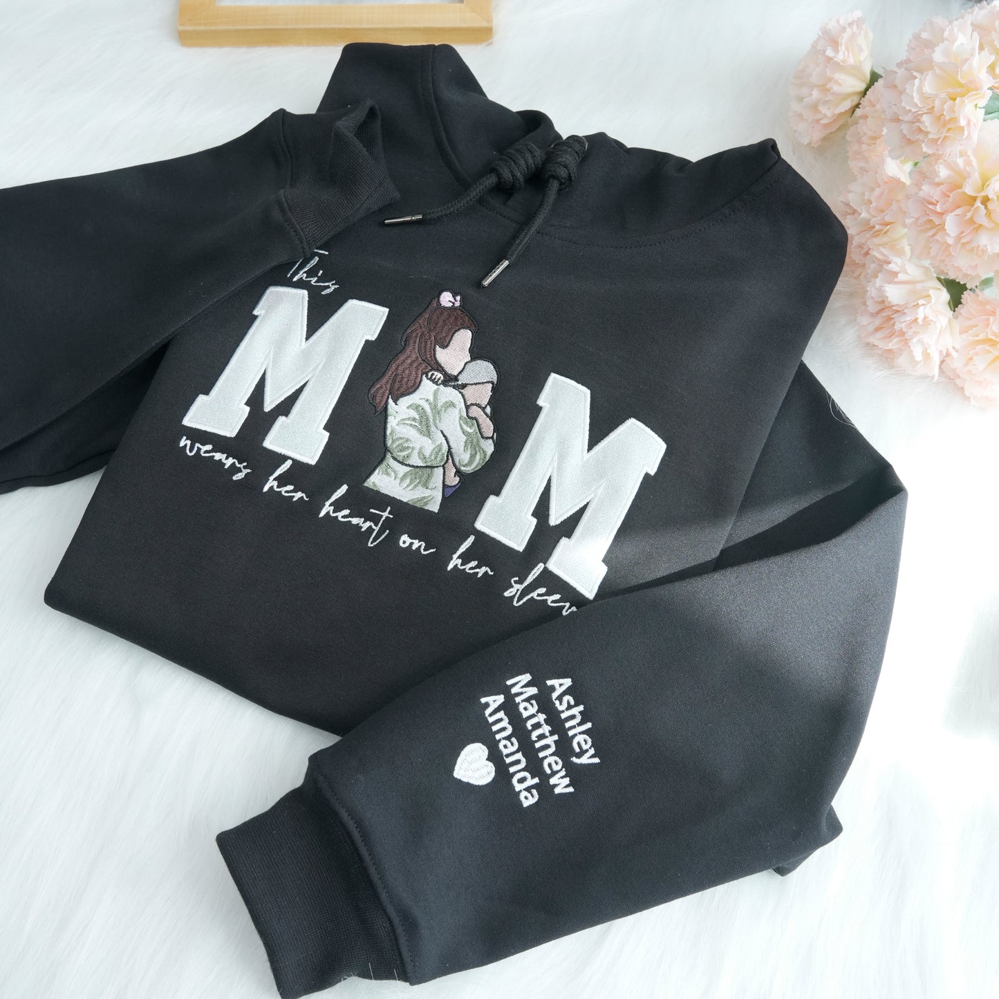 Mom Wears Her Heart on Her Sleeves Custom Glitter Mama Sweatshirt with Photo Gift for Mom Nana