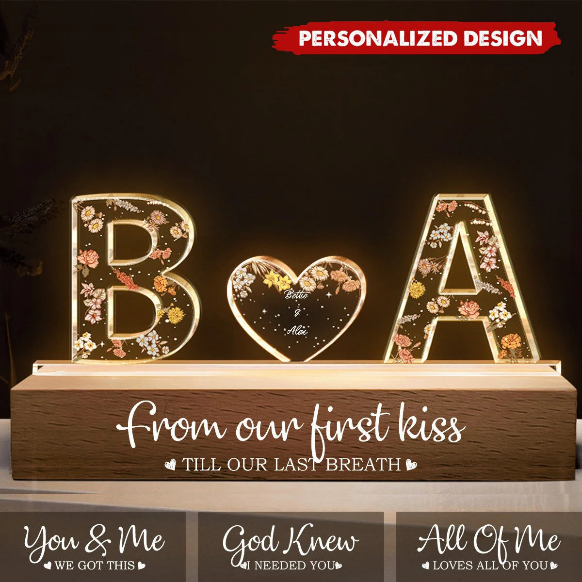 Couple Initials Floral Theme Anniversary Gift Personalized Acrylic Block LED Night Light
