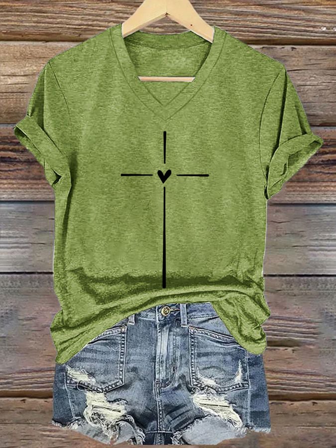Women's Christian Faith Cross Printed V-Neck Short Sleeve T-Shirt