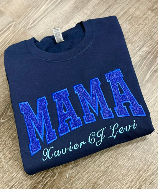 Custom Embroidered Mama Sweatshirt with Kids Names on Sleeve New Mom Hoodie Personalized Gift for Mom
