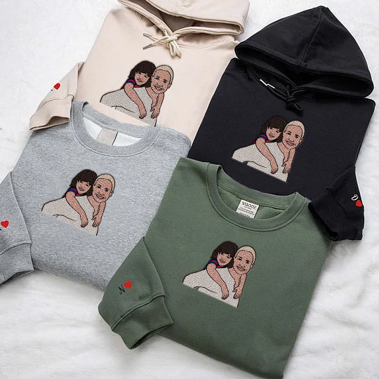 Loversdovey Custom Embroidered Hoodie Mama and Kids Portrait, Family Photo Sweatshirt
