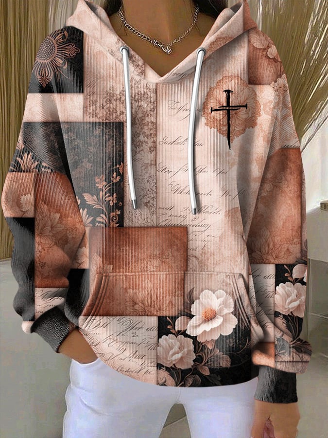 Women's Casual Retro Color Block Contrast Print Faith Texture Hoodie