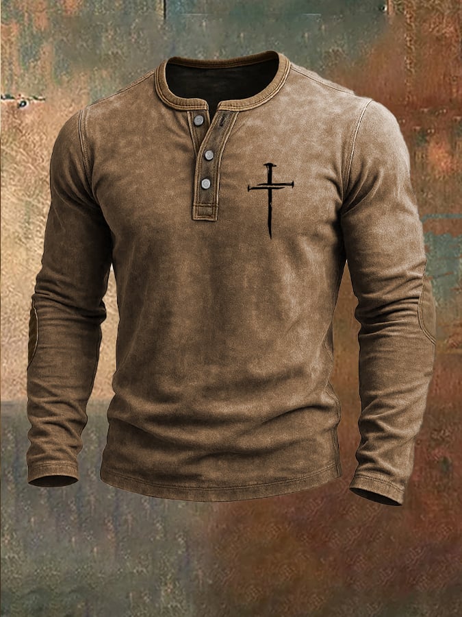 Men's Vintage Faith Cross Print Henley Collar Shirt