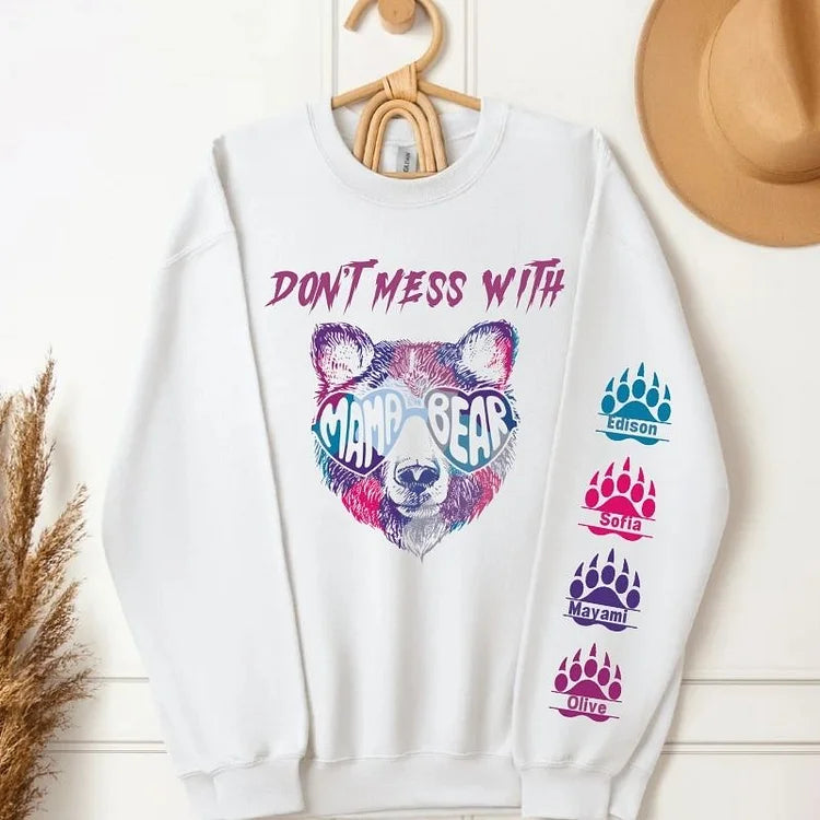 Don't Mess With Mama Bear Sweatshirt, Custom Kids' Names On The Sleeve Sweatshirt, Mama Bear Face Sunglasses Hoodie