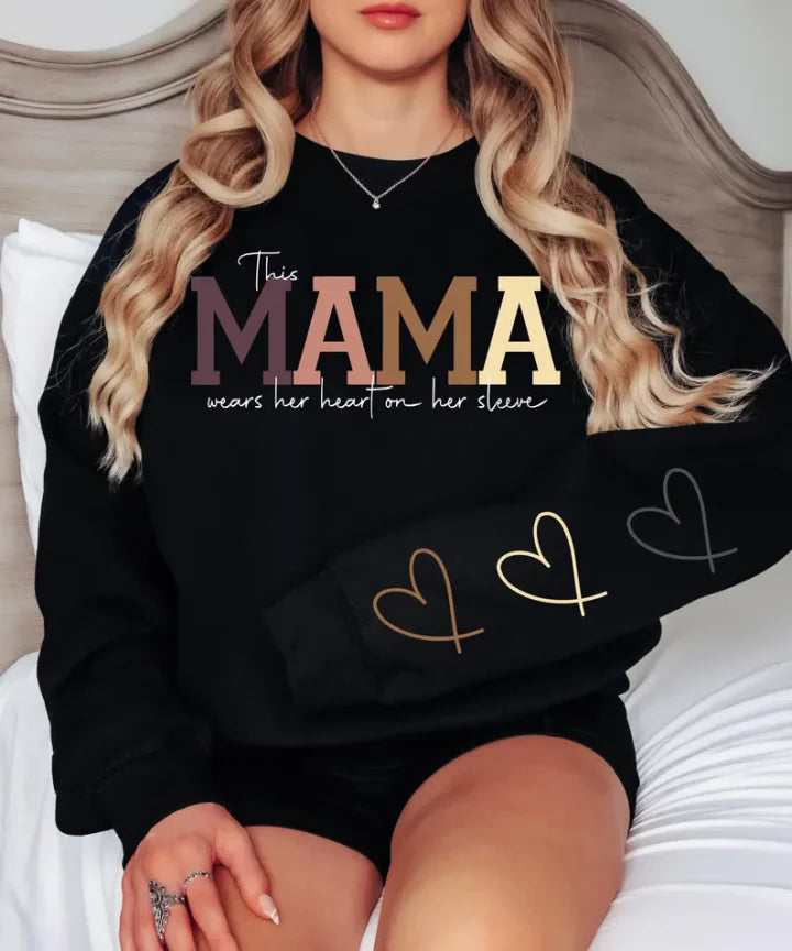 š„For Momš„Personalized MAMA Wears Her Heart On Her Sleeve Sweatshirt(Buy 2 Free Shipping)