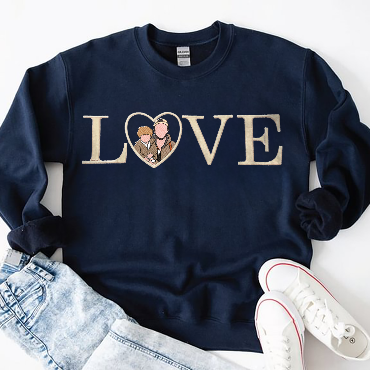 Loversdovey Personalized Embroidered Photo Family LOVE Crewneck/Hoodie/T-shirt