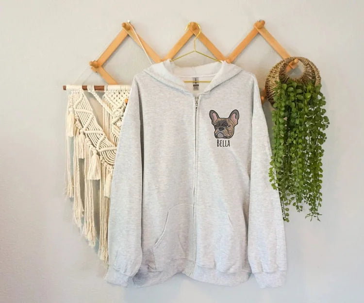Custom Embroidered Pet Portrait Hoodie Zip Up Hoodie