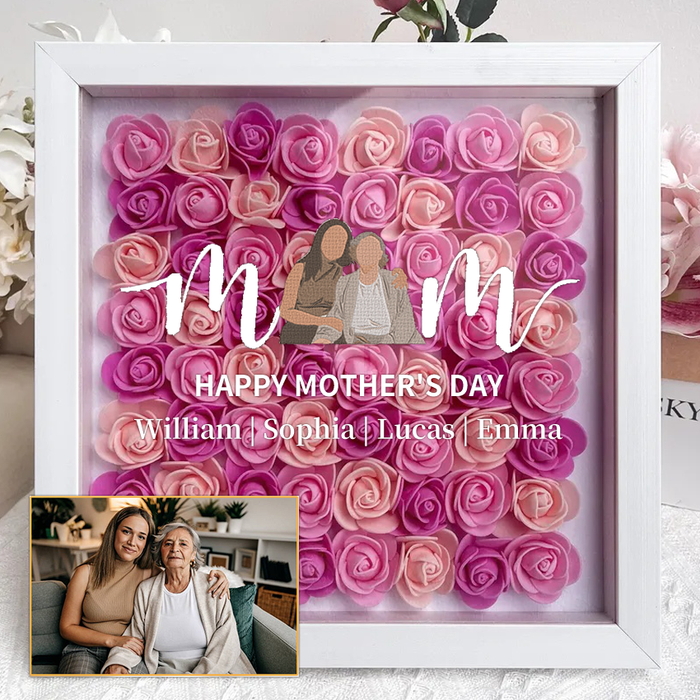 Mom Heart Outline Photo Shaped Monogram Flower Shadow Box Gift