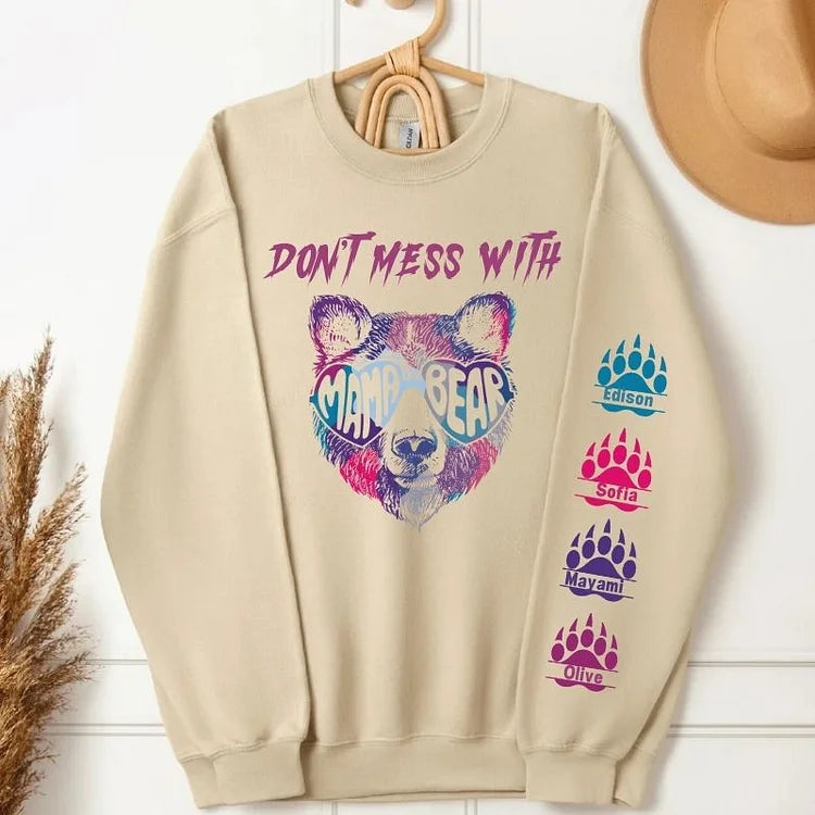 Don't Mess With Mama Bear Sweatshirt, Custom Kids' Names On The Sleeve Sweatshirt, Mama Bear Face Sunglasses Hoodie