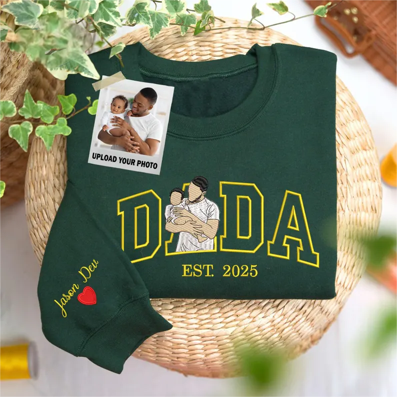 Custom Dada Portrait Embroidered Sweatshirt with Kids' Names on Sleeve – Father's Day Gift