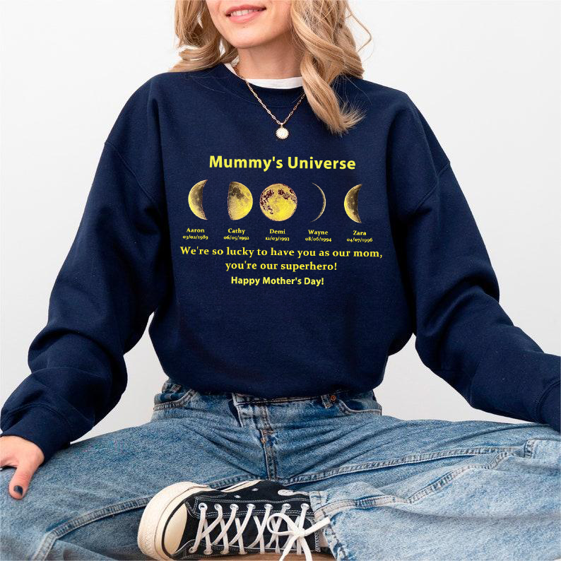 NEW! Loversdovey Custom Sweatshirt With Text And Date The Real Moon Phase- Mom's Universe,Gift For MUM