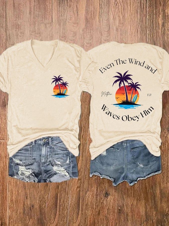 Women's Casual Western Christian Faith Bible Verse Double-Sided Printed V-Neck Short Sleeve T-Shirt