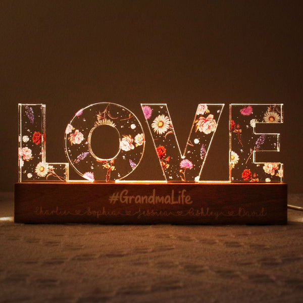 Love Grows Here, Birth Month Flower, Custom Flower Printed LED Night Light, Gift For Mom, Mother's Day Gift