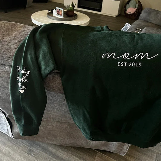 Custom Embroidered Mama Sweatshirt with Date and Kids Names on Sleeve