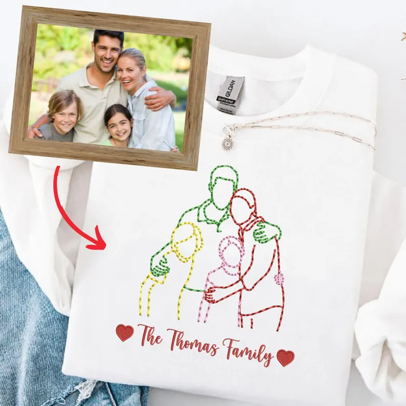 Custom Photo Embroidered Multi Color Sweatshirt, Custom Portrait From Photo Outline Photo Sweatshirt, Family Line Art Sweater, Gift for Mom