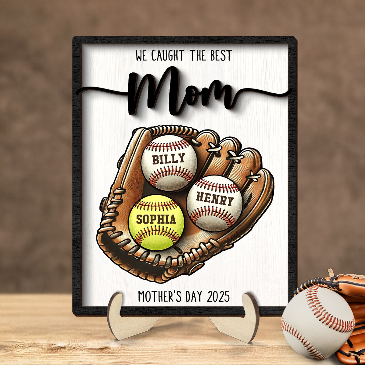 We Caught The Best Mom Baseball, Softball Personalized 2-Layer Wooden Plaque, Custom Kid's Name, Motherβs Day Gift For Mom, Gift For Wife, Gift For Grandma