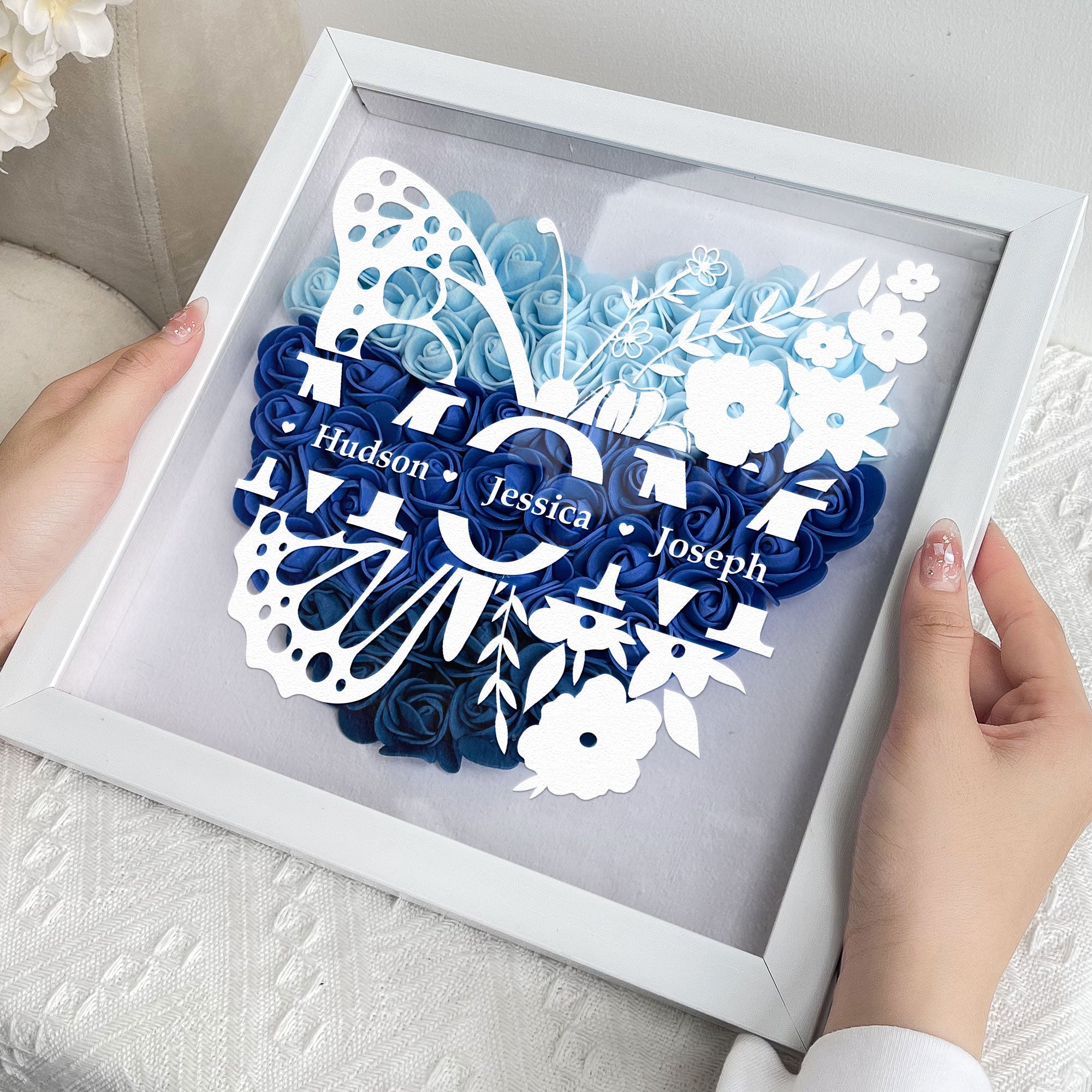 Personalized Butterfly Version Flower Shadow Box - Gift For Mom Custom Children Names
