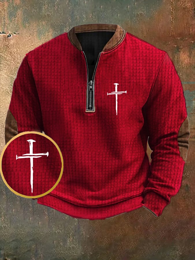 Men's Vintage Faith Cross Design Printed Zipper Collar Square Jacquard Sweatshirt