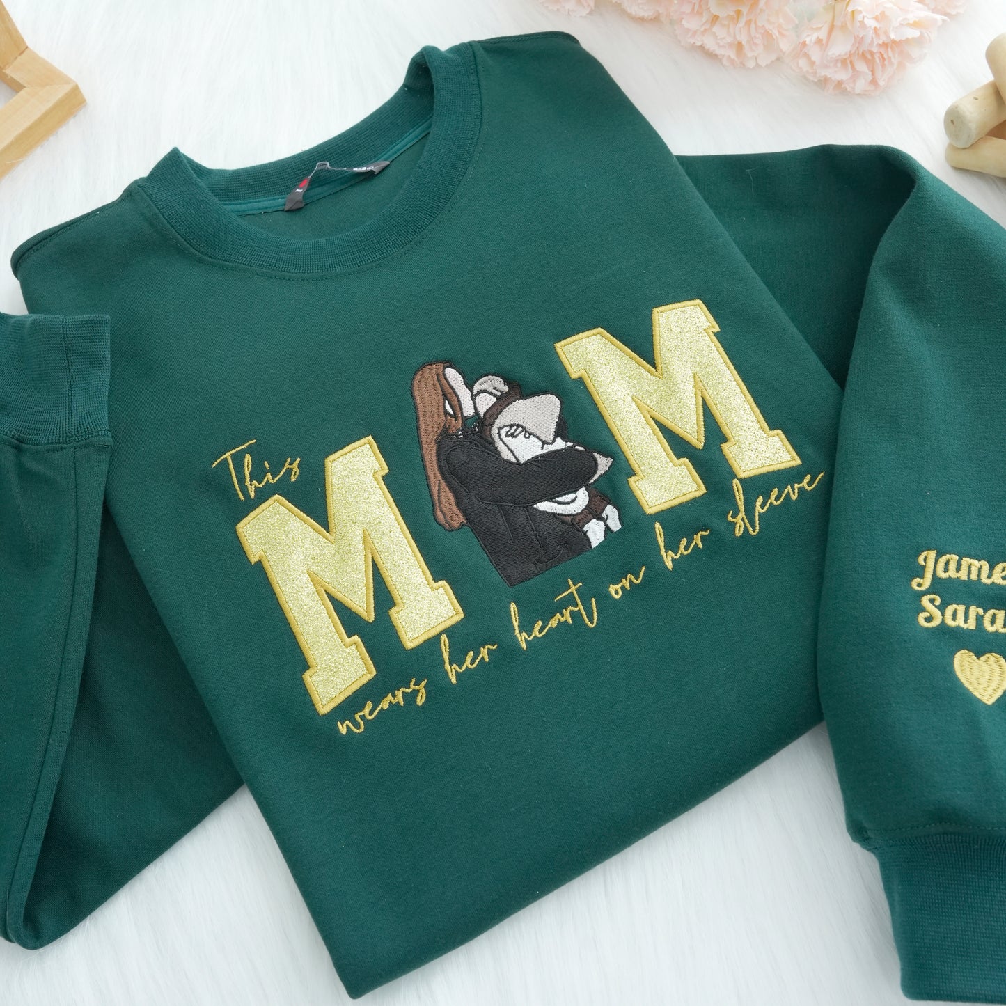 Mom Wears Her Heart on Her Sleeves Custom Glitter Mama Sweatshirt with Photo Gift for Mom Nana
