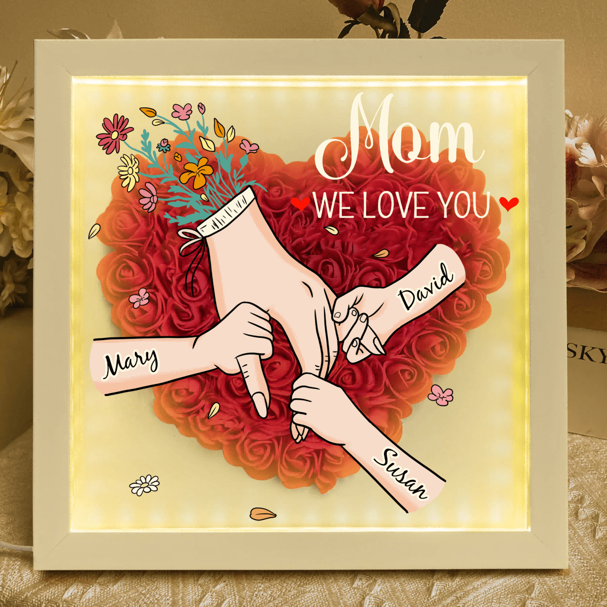 Family Love Blooms Forever - Personalized Flower Shadow Box with LED Light