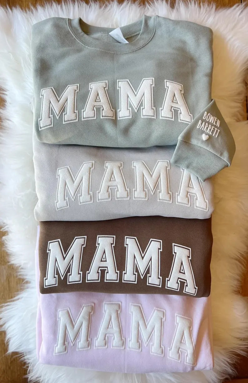 Mama Sweatshirt with Puff Lettering, Personalized Kid Names on Sleeve, Mama Sweater, Cute Gift for Mama